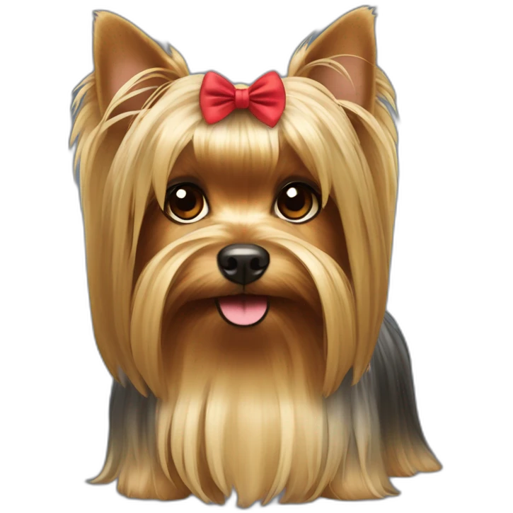 Yorkshire terrier with long beautiful hair and a gathered tail on the face decorated with a bow emoji