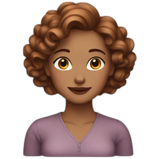 white woman, brown wavy hair, heart-shaped hand gesture, long earrings emoji