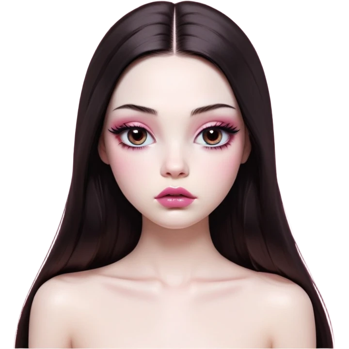 girl with white skin, dark brown long realistic straight hair with middle part prominently falling in front of her body over her shoulders, very big pouty extremely glossy ultra-shiny lips with nude reddish-pink lip gloss and absolutely no cupid's bow, big round eyes with very black shiny eyeballs and huge eyelashes, no eyeshadow, pink blush on cheeks, lighter button nose, extremely long oval-shaped face, wearing a pink off-shoulder top, looking directly at camera with hands down at sides emoji
