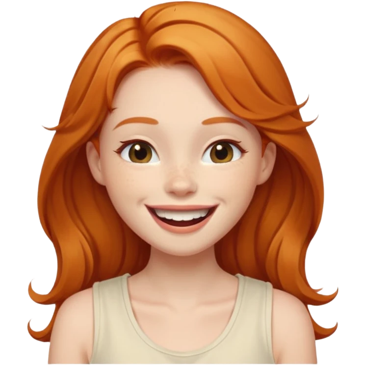 Gorgeous Ginger girl laughing with head tilted back happily wearing cream sleeveless top emoji