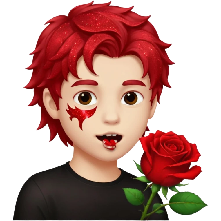 red glitter naughty-looking boy biting a rose in his mouth emoji