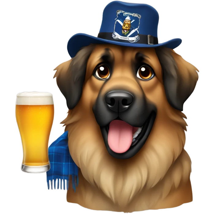 Leonberger dog holding a beer with a Scotland hat emoji