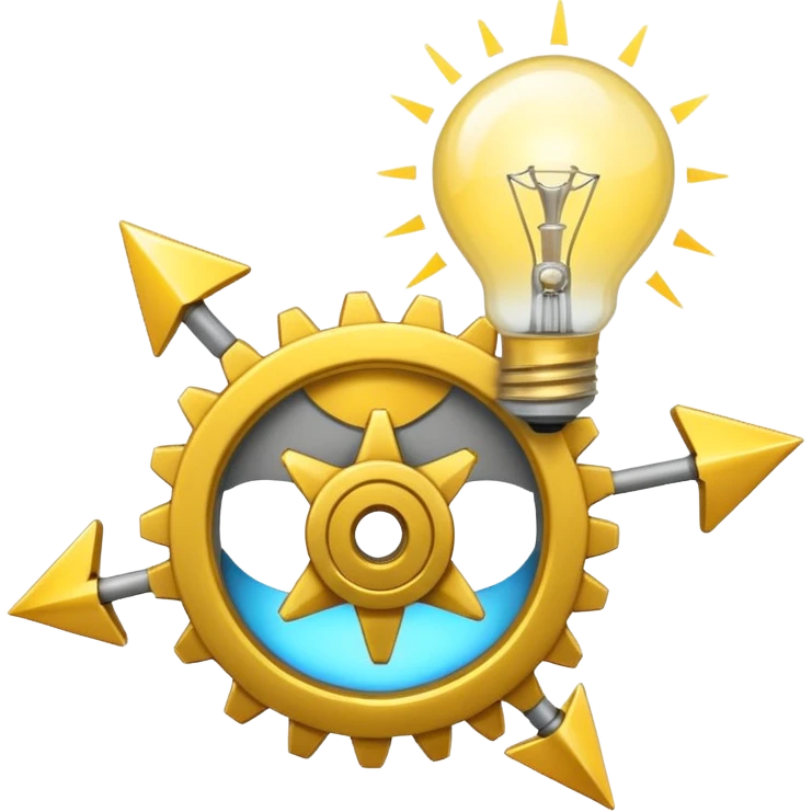 a gray gear with yellow curved raising arrow behind it on the right side, and then a small golden beaming light bulb on the left side emoji