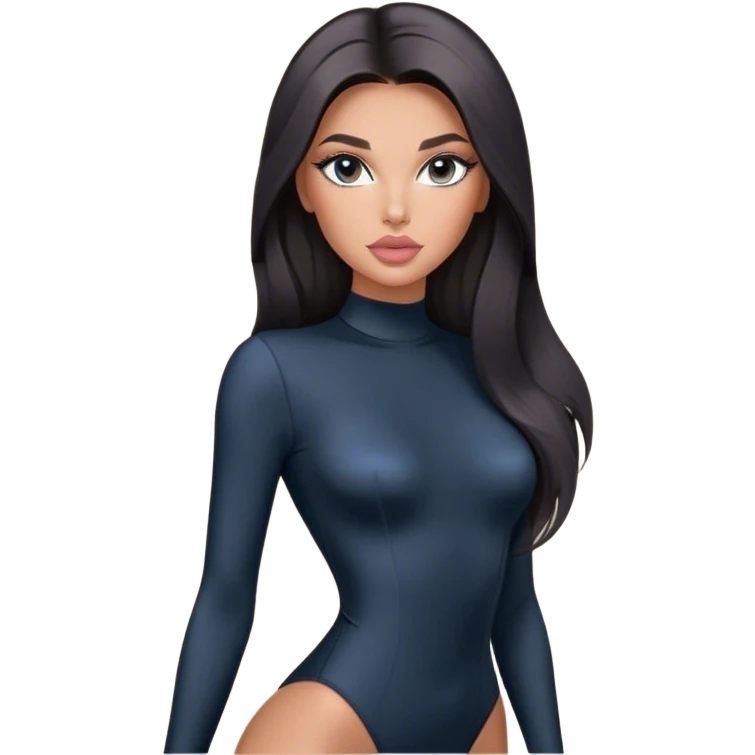 Glamours, tanned, very beautiful girl, with big pump peach-beige-rose lips, long long lashes, black straight smooth silky long hair, straight parting hair, blue-grey eyes in black long-sleeves bodysuit emoji