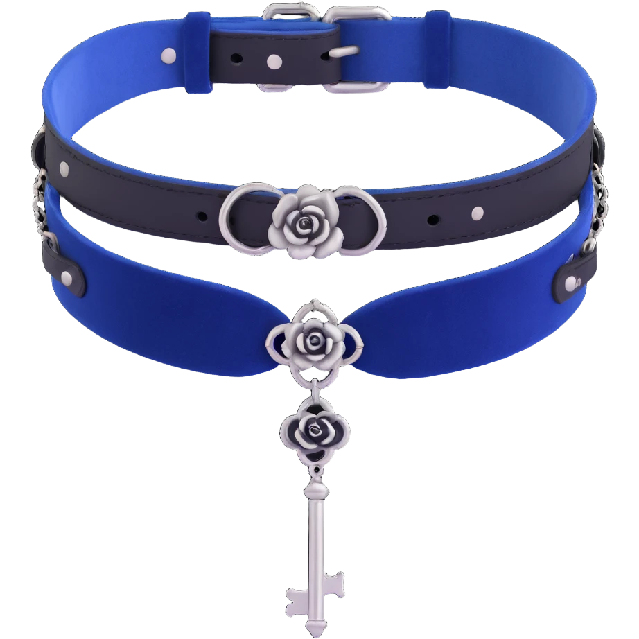 gothic choker with midnight blue velvet band, silver chained lock, black rose accent, elegant and gothic style emoji