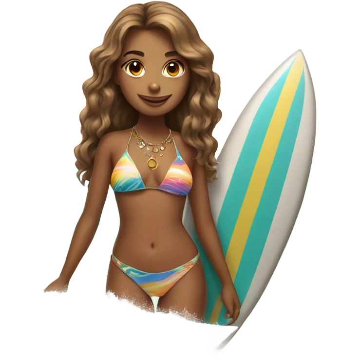 Brown hairs girl with surfboard and bikini and shell jewelry  emoji