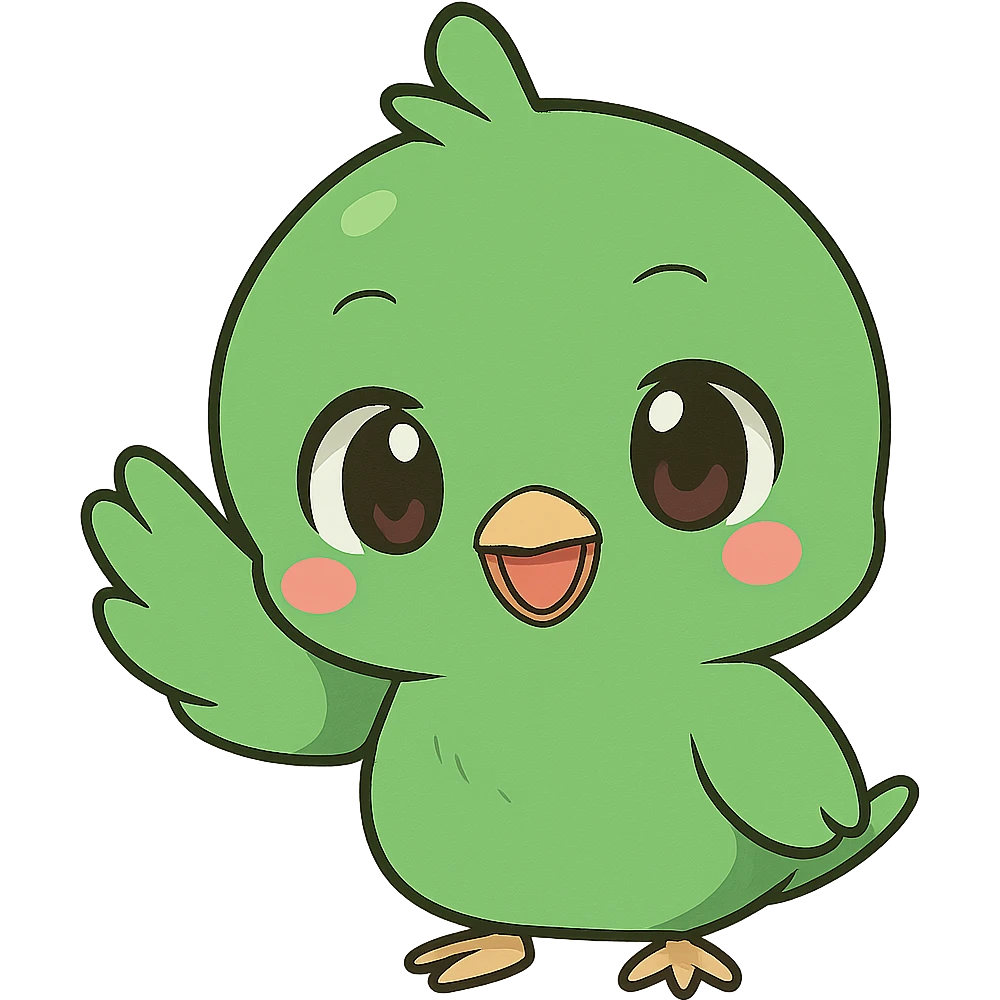 green chibi anime bird waving hello, cute expression, chibi style, anime style, cute character, waving hand emoji