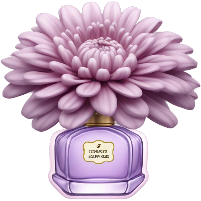 Aesthetic composition of pastel purple chrysanthemums and an antique pink perfume bottle. emoji