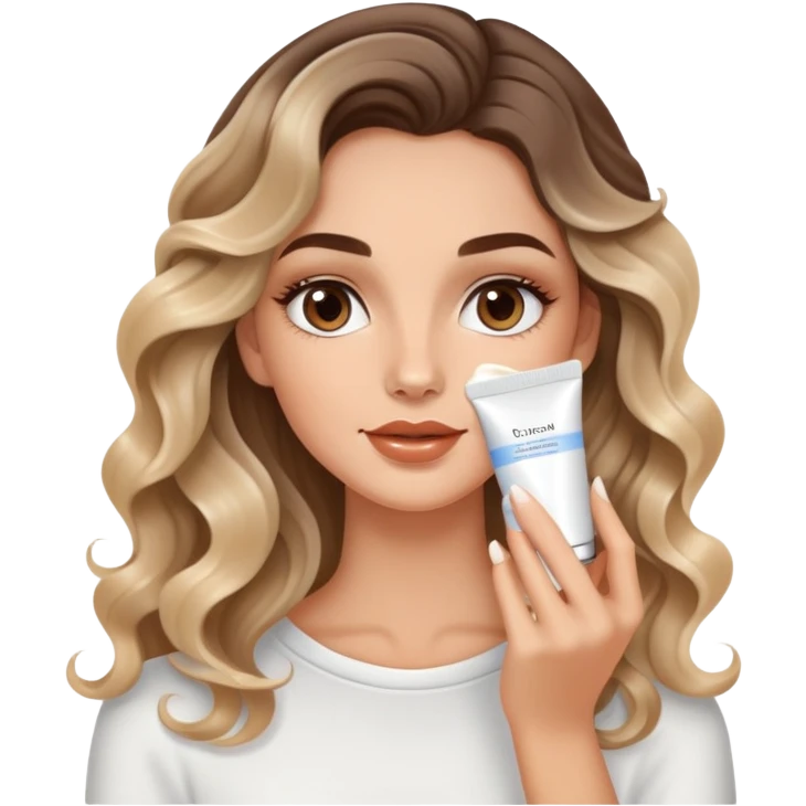 beautiful brunette with a slightly blonde balayage white girl with nice curls/defined waves, very long hair, clean girl makeup APPLYING A FACE CREAM ON HER FACE emoji