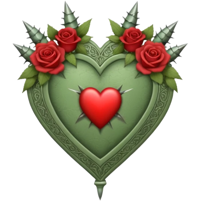 Can you make a sage green heart with a gothic design, I want roses and spikes around the heart. In the middle of the heart the letter I emoji