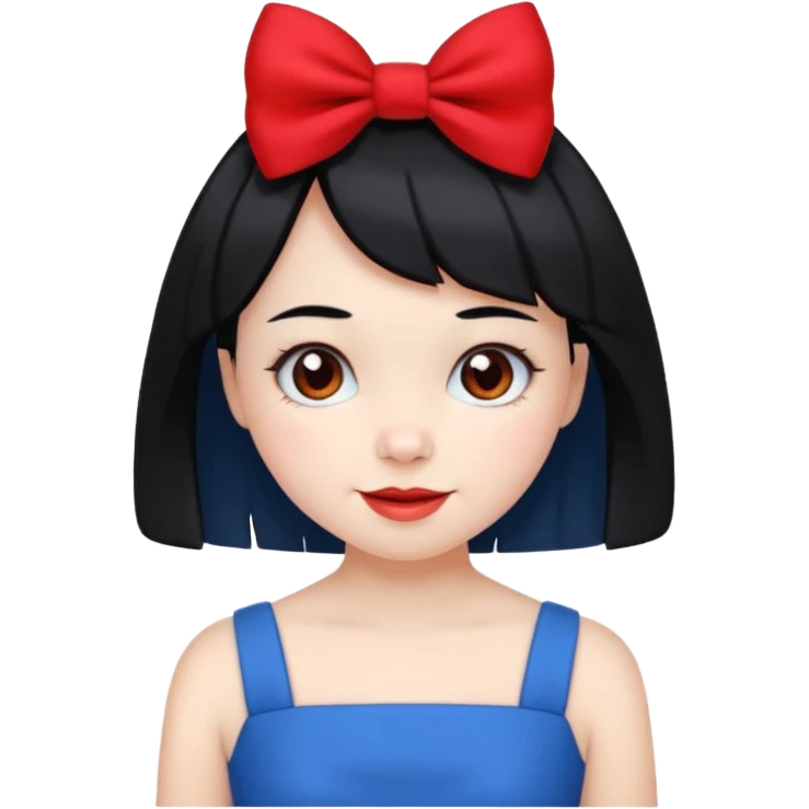 girl with white skin, short black hair, red bow, wearing a blue dress, cheerful expression emoji