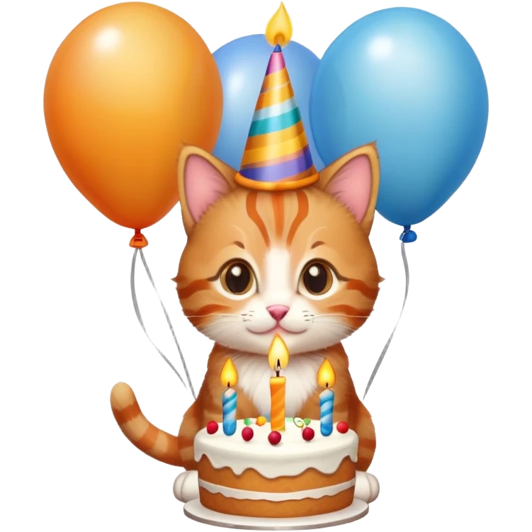 Ginger tabby kitten celebrates birthday, birthday hat, birthday cake, one candle, balloons, happy, gifts emoji