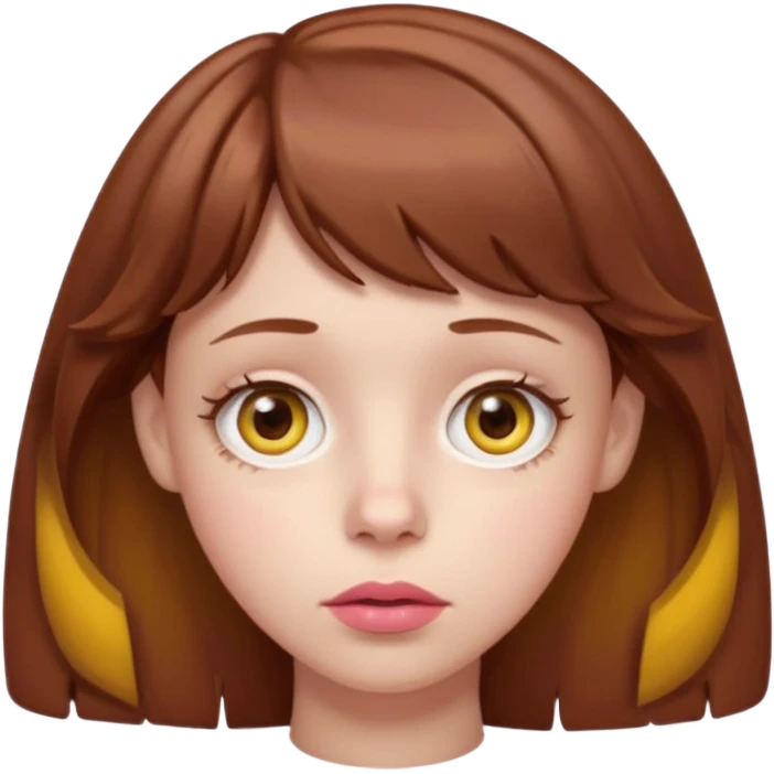 FAÇA UMA PERSONAGEM FOFA COM NARIZ DE BOLINHA AVERMELHADO CLARO E ZUMBI CABELO MARRON ONDULADO E FRANJA CURTA   COMO SE NÃO SOUBESSE OQ FEZ LÁBIOS CLAROS FECHADOS E OLHOS AMARELOS emoji