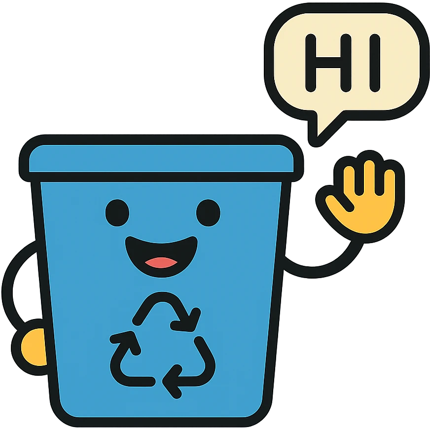 blue recycling bin with a big smile, saying 'hi' in a speech bubble emoji