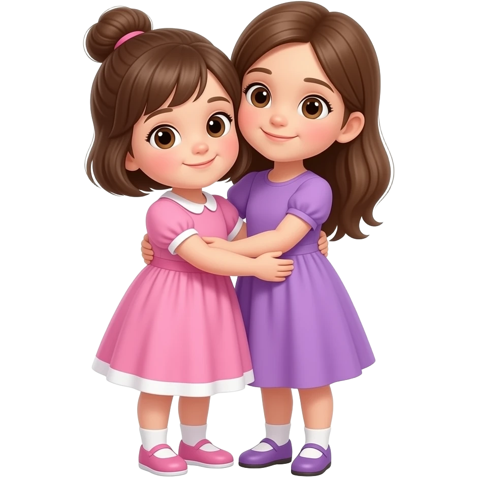 Niña de 1 año y 8 meses, de cuerpo completo, ojos cafés claros con cabello castaño, vestido rosa con blanco y cabello corto recogido en un chongo. Otra niña de 5 años con vestido lila, cabello castaño y ojos café claro, de cuerpo completo, ambas abrazadas. emoji