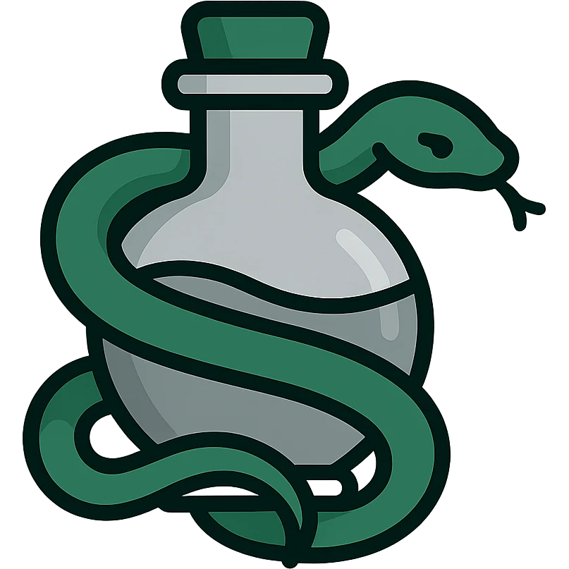digital sticker of a serpent coiled around a potion bottle, in Slytherin green and silver, semi-realistic vector art style, clean outlines, flat colors, slight shadows, for a sticker sheet emoji