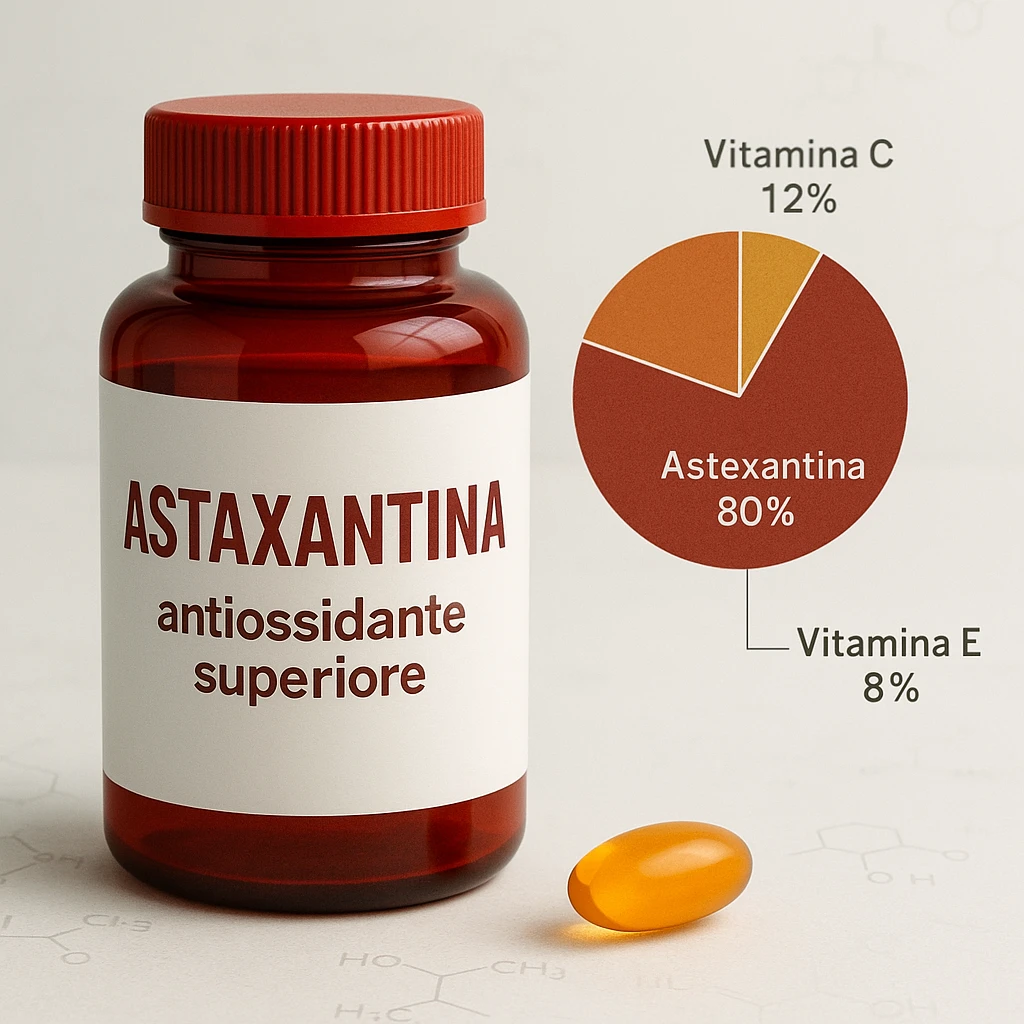 hyper realistic Astaxantina with pie chart showing superiority over vitamin C and vitamin E, red bottle, orange and golden capsule, text 'Astaxantina: antiossidante superiore', scientific atmosphere, light background emoji