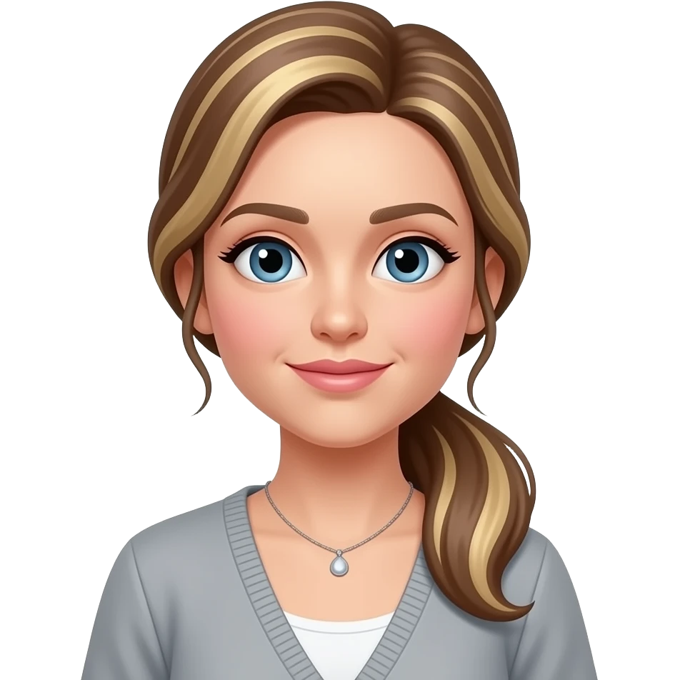 pink cheeks, smaller Blue eyes, light skin, longer brown with blond higlights hair pony tail, 38 aged women, cardigan, grey top,small necklace emoji