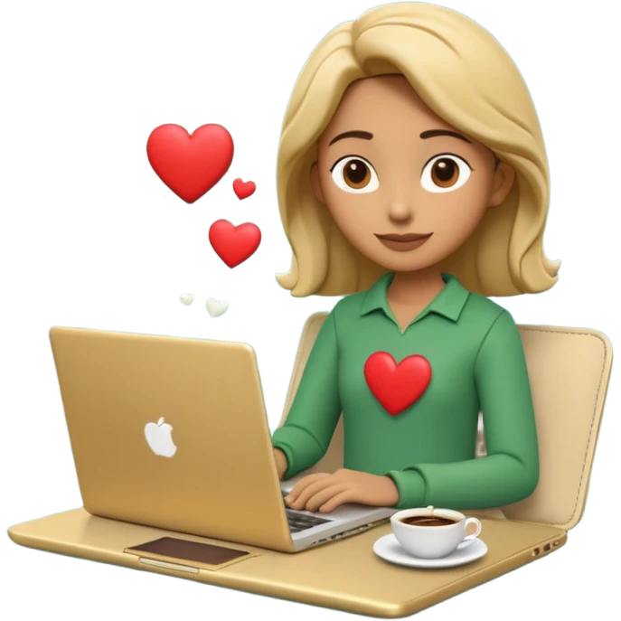 3D clay character relaxed with laptop and coffee, floating icons (envelope, heart, dollar), deep green (#0B3D2C) outfit, gold icons, cream laptop, Pixar style, transparent background emoji