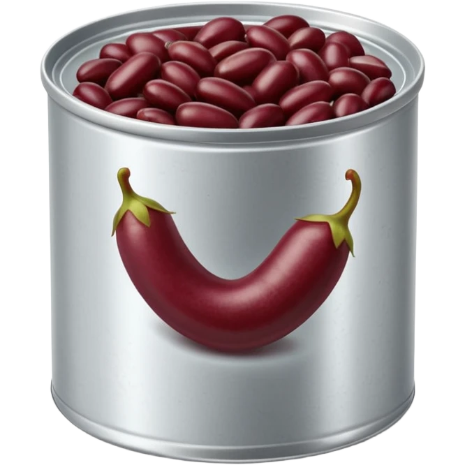 open metal can filled with glossy dark red kidney beans in thick slightly starchy liquid, beans plump smooth gently mounded in plain partially opened tin can, no label or extras, apple emoji style, soft lighting, subtle shadows, transparent background, emoji scale emoji