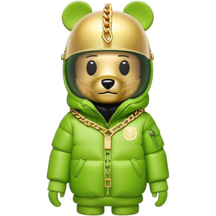 bearbrick toy with lime balaclava tagged with logos, wearing oversized monolens ski-type visor shield covering eyes as one continuous piece, puffer jacket with fur, gold chains emoji