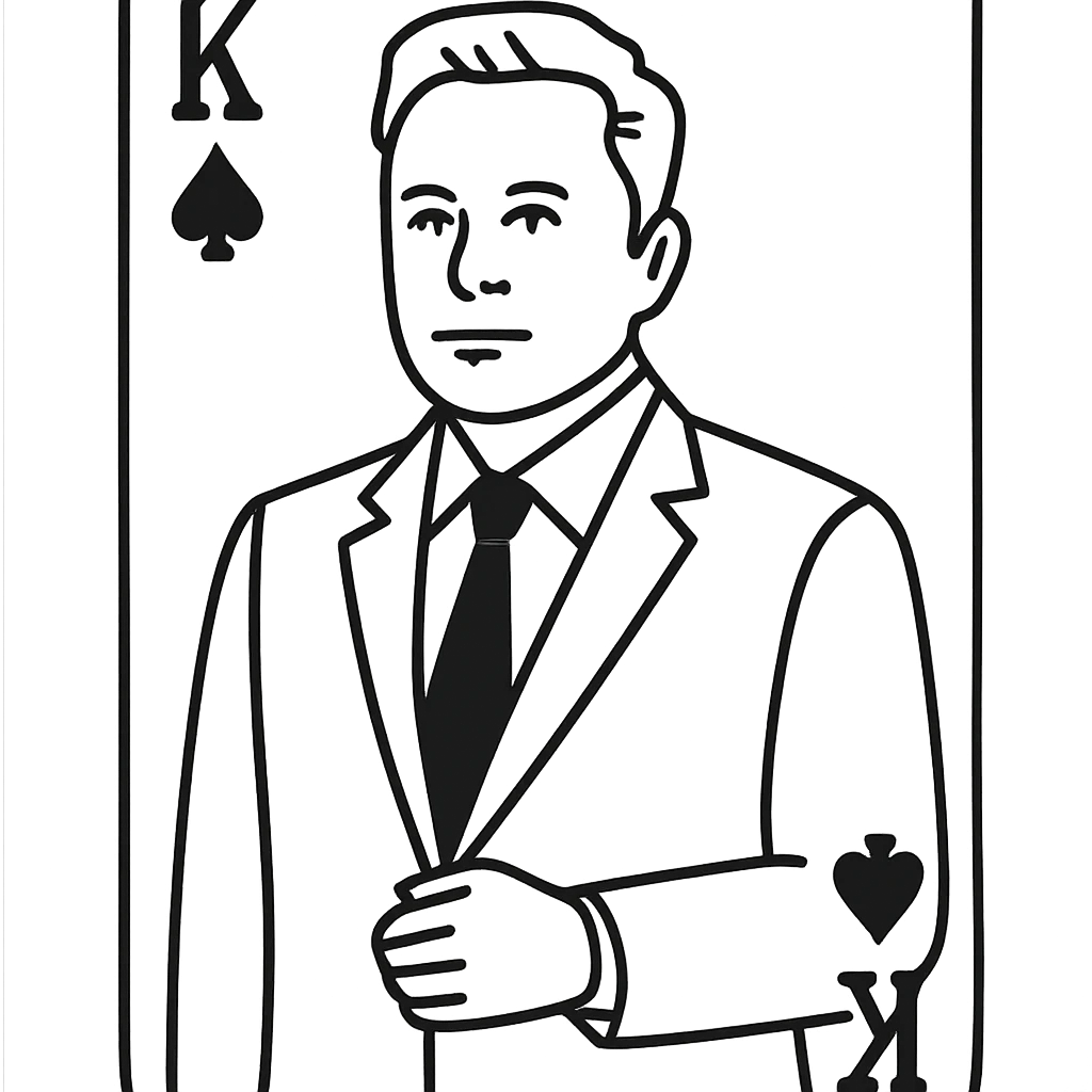 Elon Musk as a playing card character, minimalist line art, business suit, tech entrepreneur emoji
