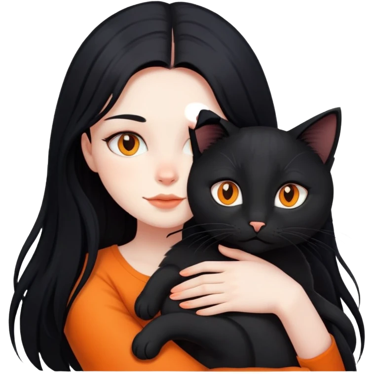 A girl with long black hair hugs a black cat, an orange cat, and a black cat emoji
