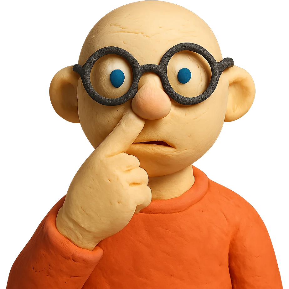 claymation style bald guy with glasses picking his nose emoji