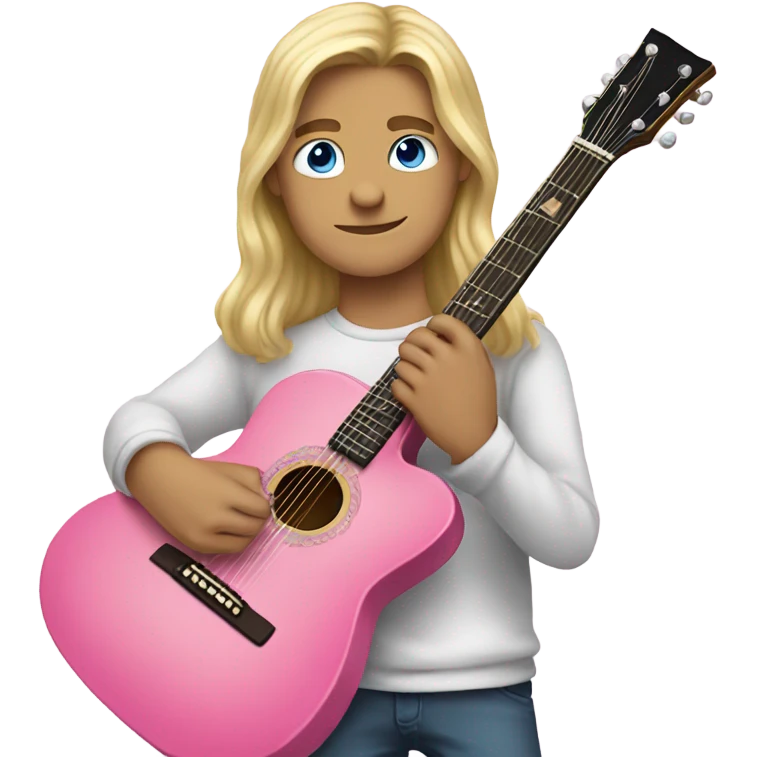 Boy with long blonde hair and blue eyes playing pink guitar  emoji
