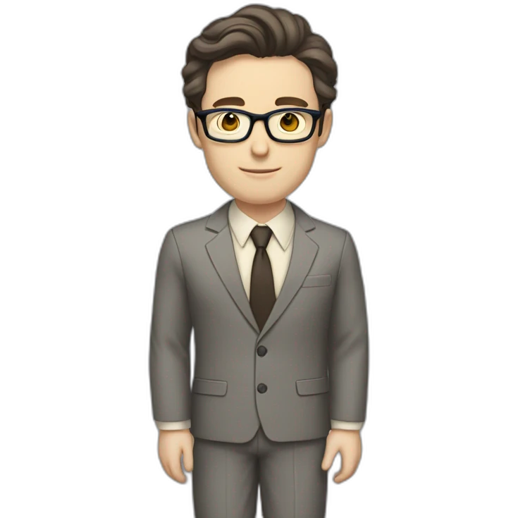 Full height Pale skinned Fit Man With dark brown hair in classic gray suit, beige office shirt, dark gray tie, and vintage glasses. His hands lock emoji
