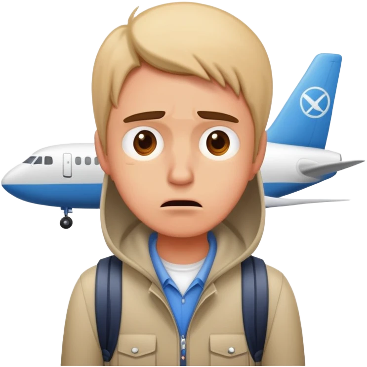 Delayed flight at airport with frustrated traveler emoji