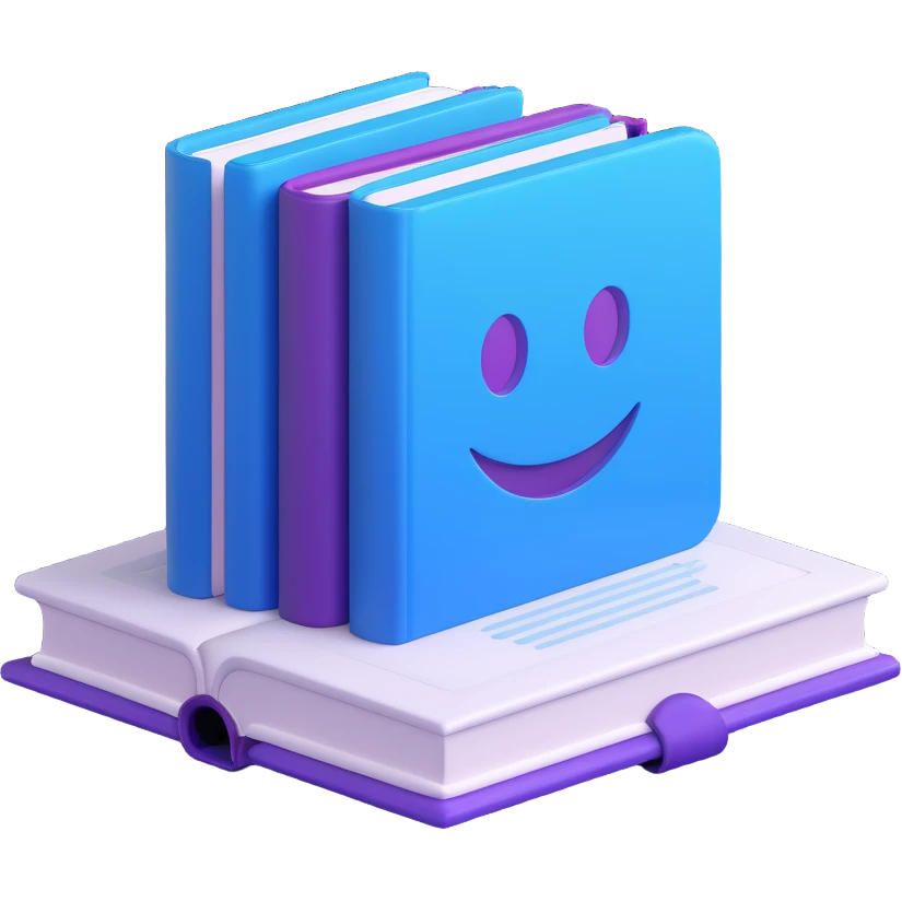 Playful 3D book emoji, blue and purple glossy cover, rounded corners, floating at a slight angle, soft shadow, kawaii style, vibrant and smooth, minimalist and clean, thick pages on side, transparent background, isometric, Icons8 3D style, professional yet friendly emoji