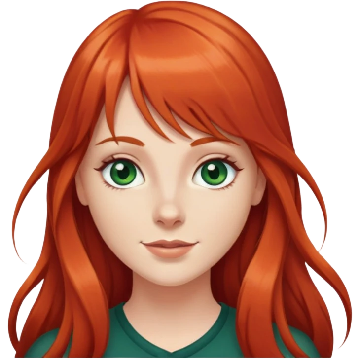 Long red hair white girl with bangs, dark green eyes, dimples  emoji