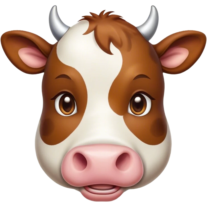 Cinematic Cute Brown and White Cow Portrait Emoji, Head tilted playfully and inquisitively, featuring a glossy, richly patterned hide of brown with striking white patches, round, sparkling brown eyes filled with gentle curiosity, Simplified yet irresistibly adorable features, highly detailed, glowing with a warm, friendly glow, high shine, affectionate and serene, stylized with a touch of country charm, bright and endearing, soft glowing outline, capturing the essence of a mischievous yet loving cow, so playful it feels like it could moo out of the screen and into your arms! emoji