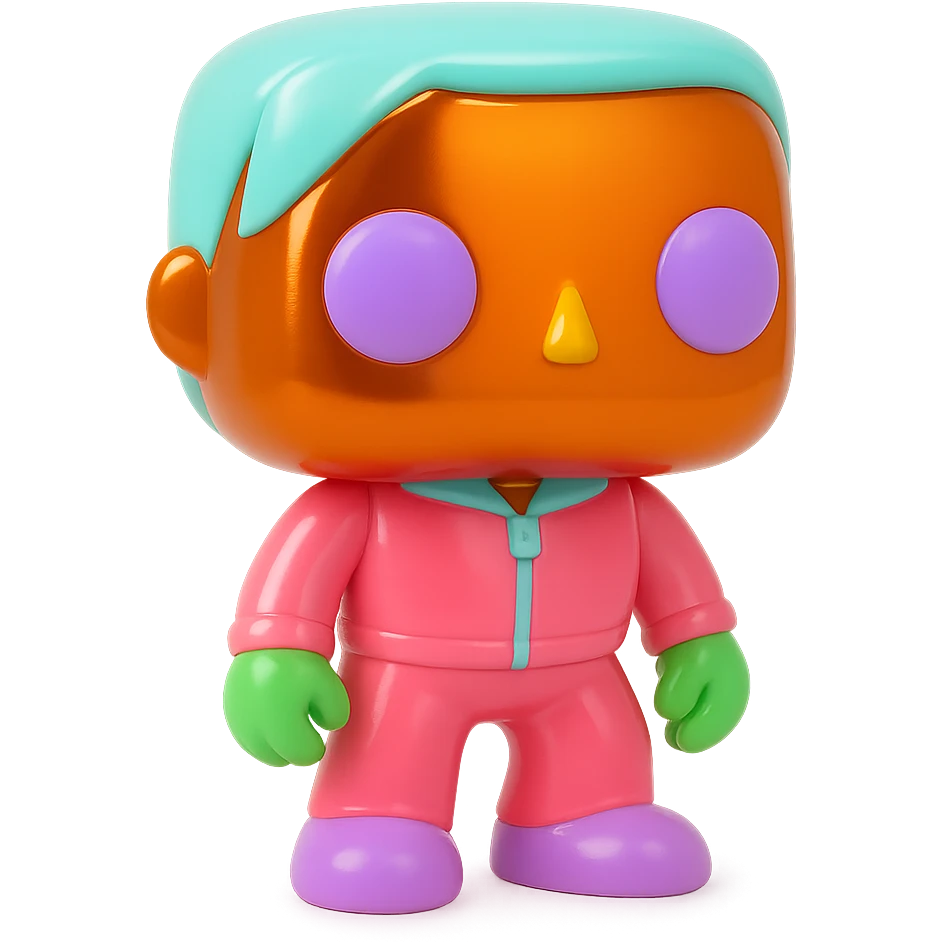 Enhance the Funko Pop figures with vivid, cheerful, and colorful eyes, hair, and outfits, while maintaining their shiny chrome skin and finish. The chrome effect should remain prominent alongside the added colors. emoji