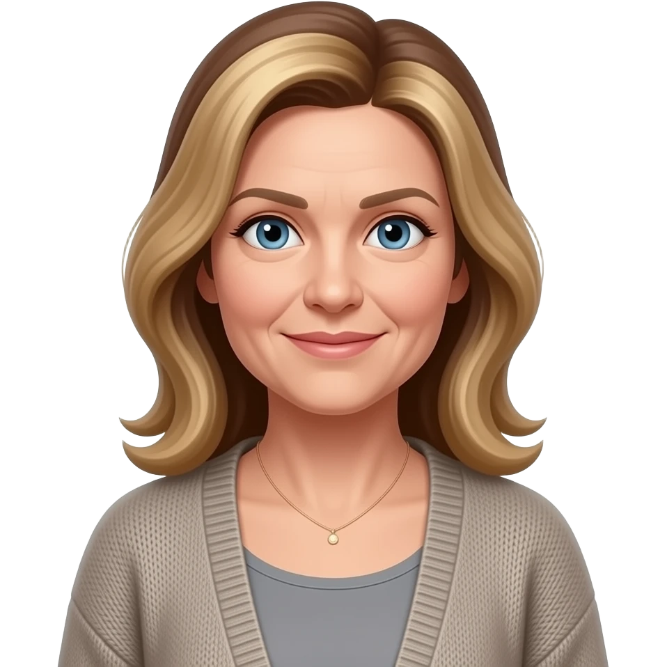 Blue eyes, fair skin, longer blonde/brown hair, medium height, medium frame, middle aged women, cardigan, grey top,small necklace emoji