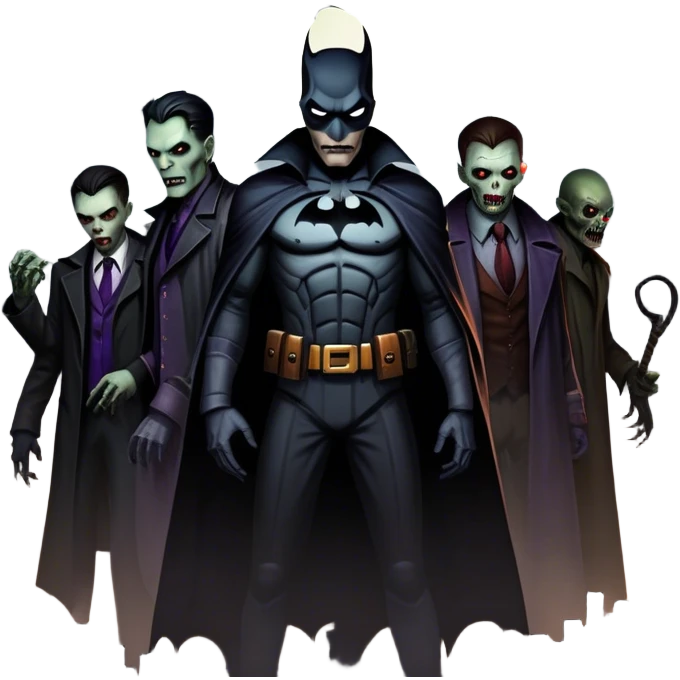 Icon for Thriller Movies: A large, dramatic collage featuring sinister villains and zombies in dark clothing. The background shows the gloomy cityscape of Gotham with dim lighting and eerie shadows. The atmosphere should be tense, mysterious, and suspenseful. Transparent background. emoji