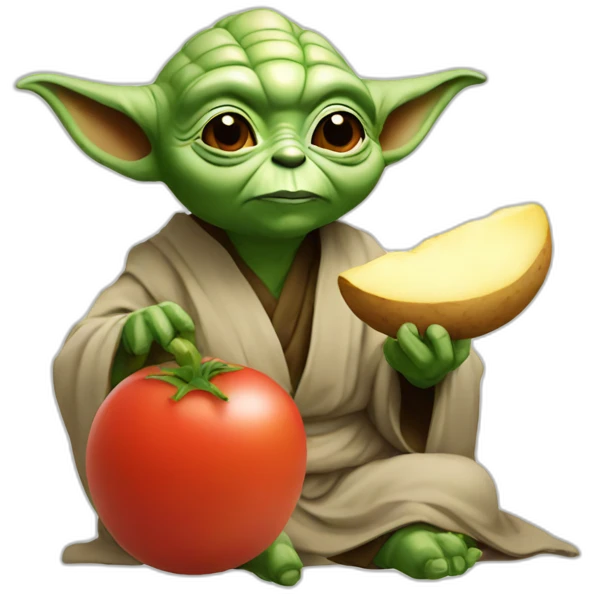Yoda eating potato on a Tomato emoji