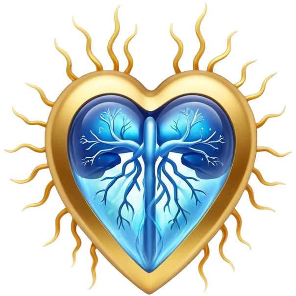 Golden omega-3 fish oil capsule with ethereal blue glowing aura connecting to a translucent heart and brain, showing energy flowing between them, with soft light waves emoji