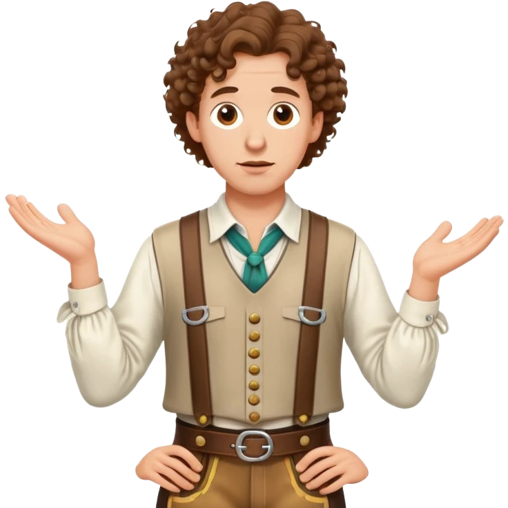German person with brown curly hair in typical Bavarian clothing (lederhosen) shrugging and looking lost emoji