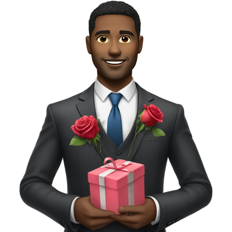 Hyper Realistic handsome man in suit holding roses and a heart shaped gift box emoji