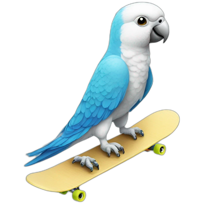 Budgerigar blue and white parrot rides a skateboard emoji