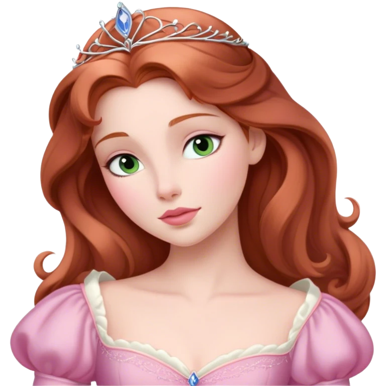 Cinematic Elegant Sleeping Beauty Portrait Emoji, rendered in a realistic, vector-style with minimal shading and bold, simplified shapes. Depict Aurora (Sleeping Beauty) (chest and above) with delicate porcelain skin, soft auburn hair styled gracefully, and gentle, dreamy eyes, dressed in her classic pink gown. The image glows with a soft, enchanting radiance and high shine, capturing timeless regal beauty. emoji