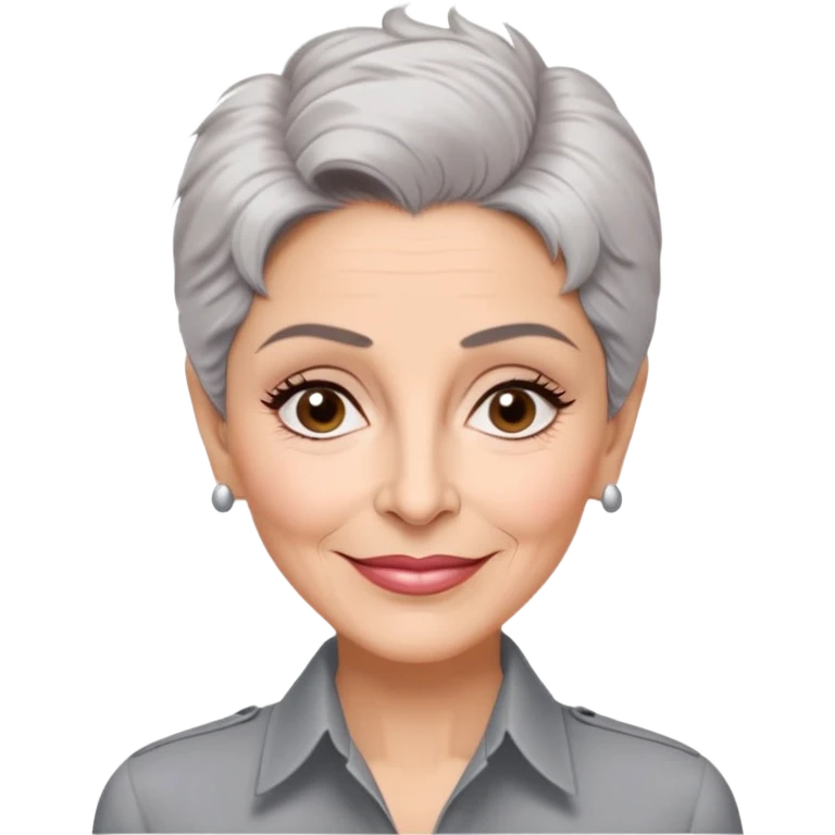Older Puerto Rican actress Marian Pabón with elongated face, light pinkish skin, almond-shaped expressive eyes, straight nose, well-defined lips with wide smile, arched eyebrows, pronounced cheekbones, short spiky gray hair like a man's cut, more wrinkles, wearing a white buttoned shirt emoji