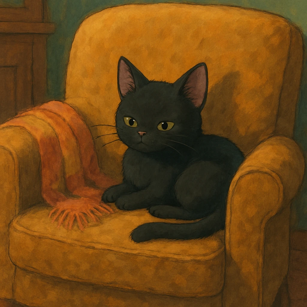 Black kitten cozy in a chair  emoji