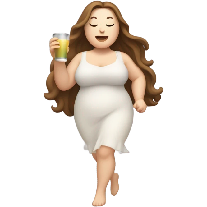 Chubby pale Woman with long brown hair dancing with drink with eyes closed emoji
