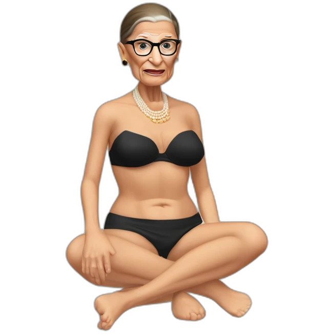 sexy ruth bader ginsburg wearing crotchless bikini bottoms bare chest (full body, ios17, sitting indian style on the ground, legs apart) emoji