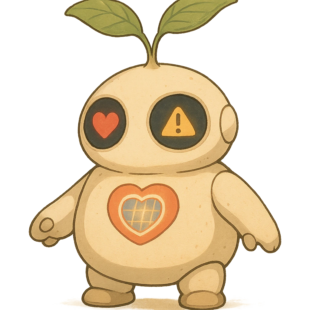 A chubby, round robot seedling with soft, plush-like forms. Its body resembles a young sprout with smooth lines. The robot has large round sensor-displays for eyes that change expression (❤️ for good harvest, ⚠️ for problems). It has two movable leaf-antennas on its head that move when working. On its chest is a stylized heart with solar panels that glows softly when charging. It has short, slightly clumsy arms and legs like a baby robot, with suckers or tiny wheels on its feet to "roll" around the greenhouse. emoji