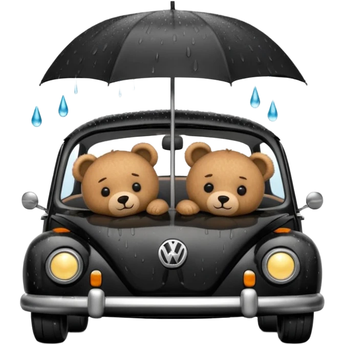 Two teddy bears sleeping in black Volkswagen in the rain emoji