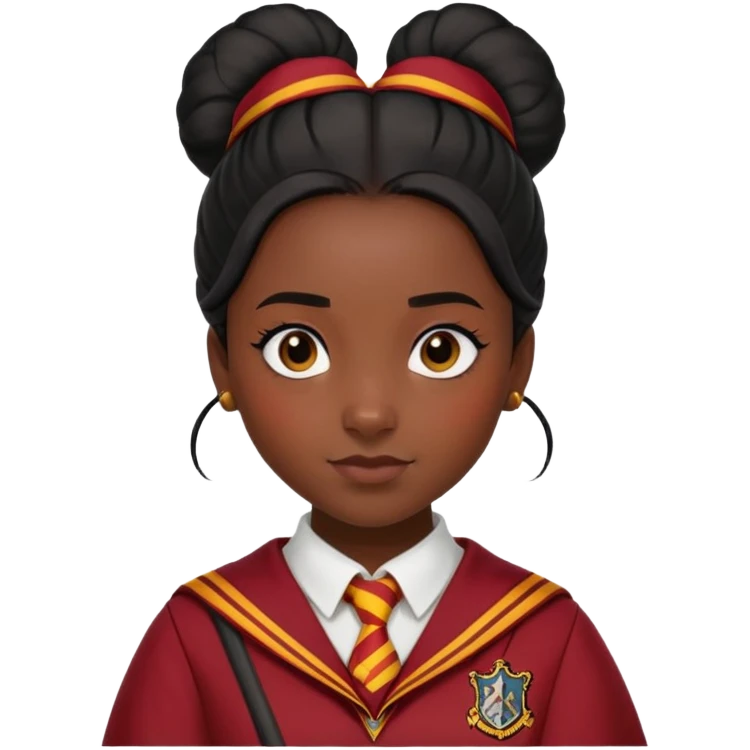 alicia spinnet in harry potter, wear hogwarts gryfindor uniform, black bun hair, black skin emoji